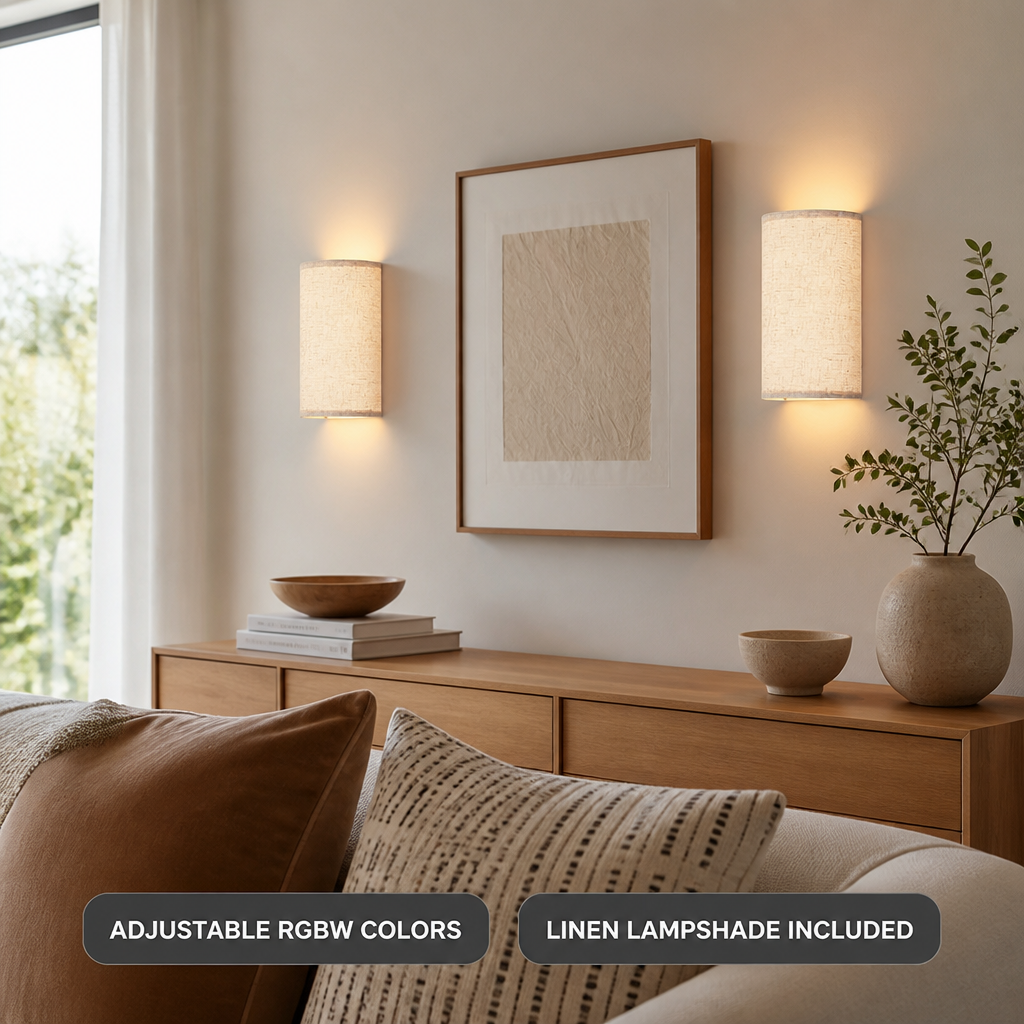 Set of 2 Linen LED Remote Wall Sconces