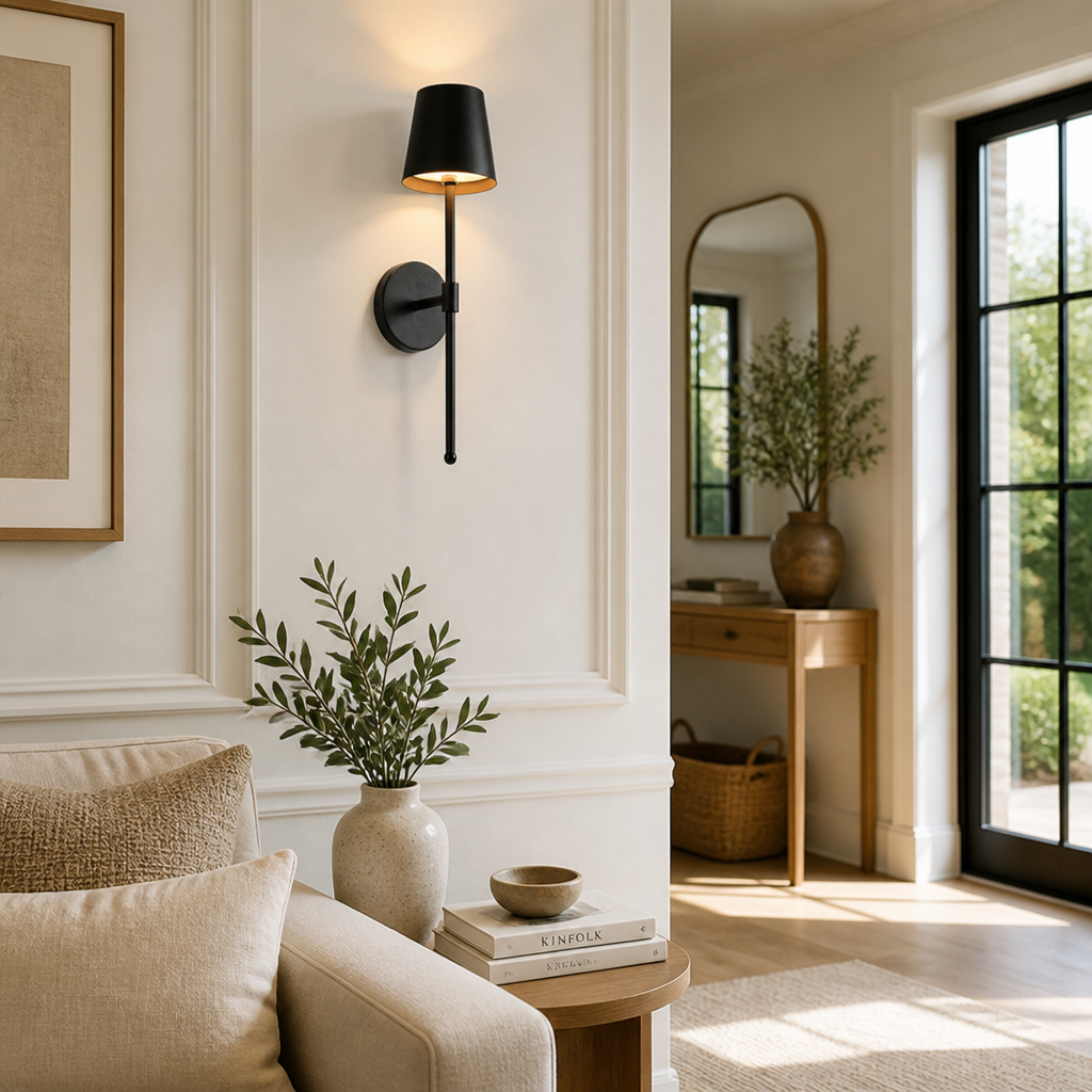 Set of 2 Modern Black LED Semi-Recessed Wall Sconces