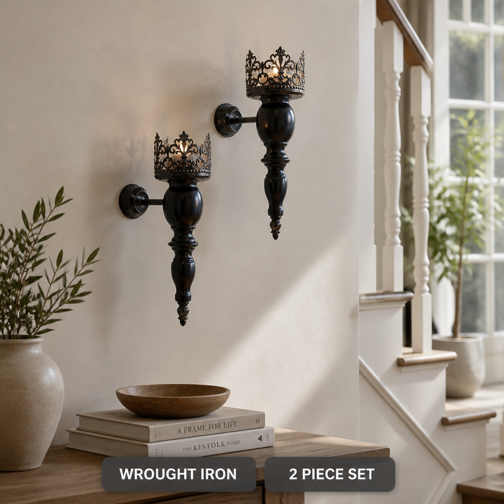 Set of 2 Vintage Wrought Iron Wall Sconces
