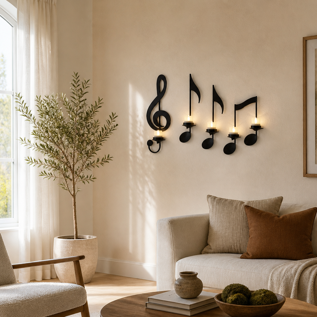 Set of 4 Black Metal Music Note Wall Sconces