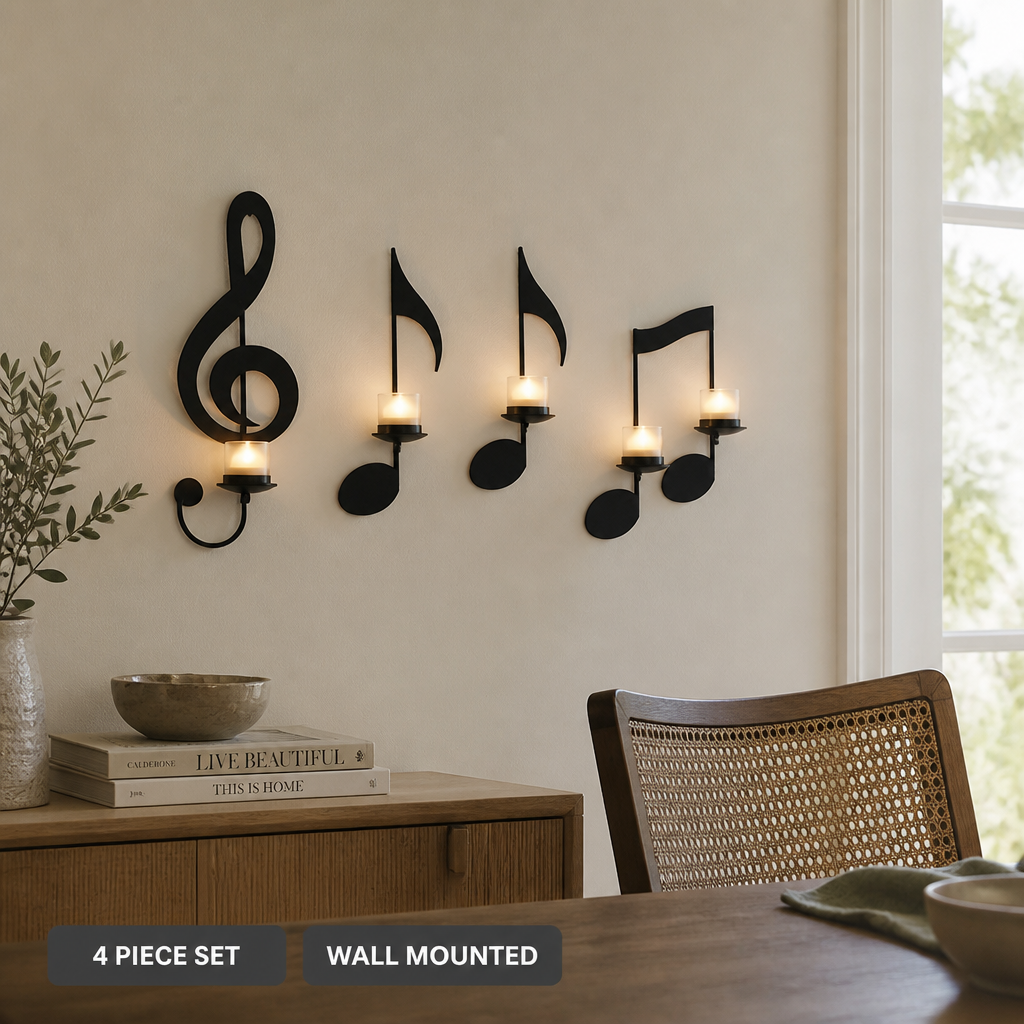 Set of 4 Black Metal Music Note Wall Sconces