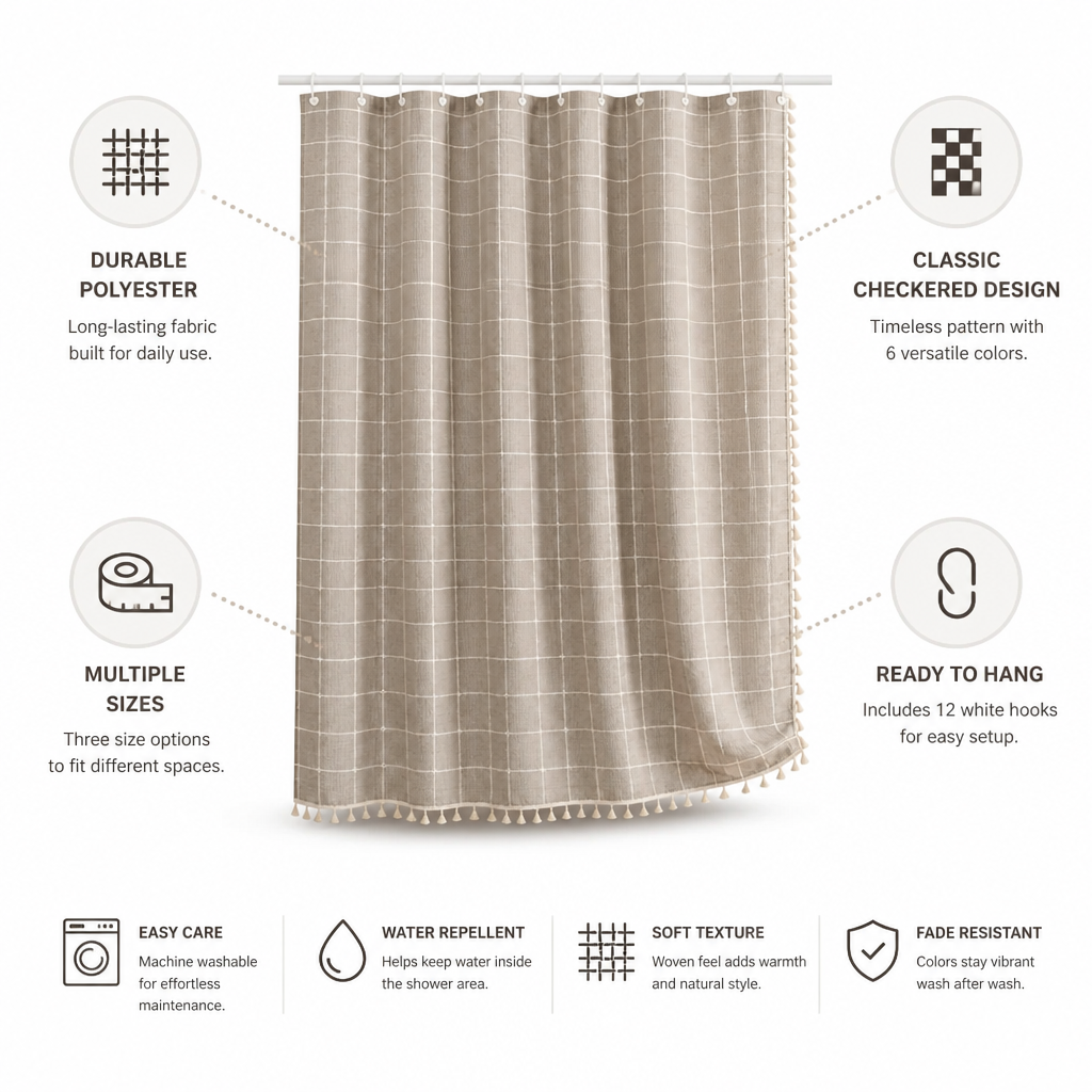 Shower Curtain Checkered Woven Polyester Tassels
