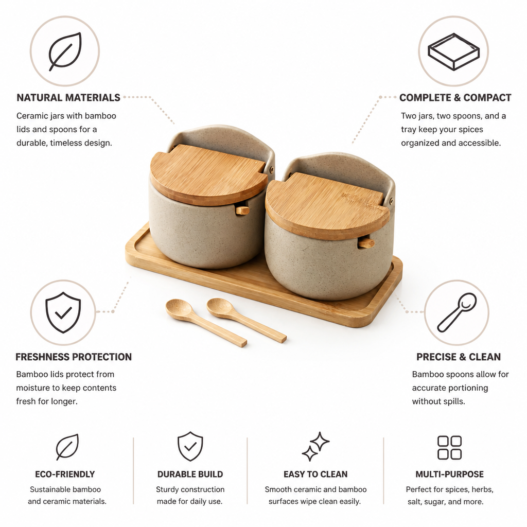 Spice Jar Set Ceramic With Bamboo Lids & Spoons