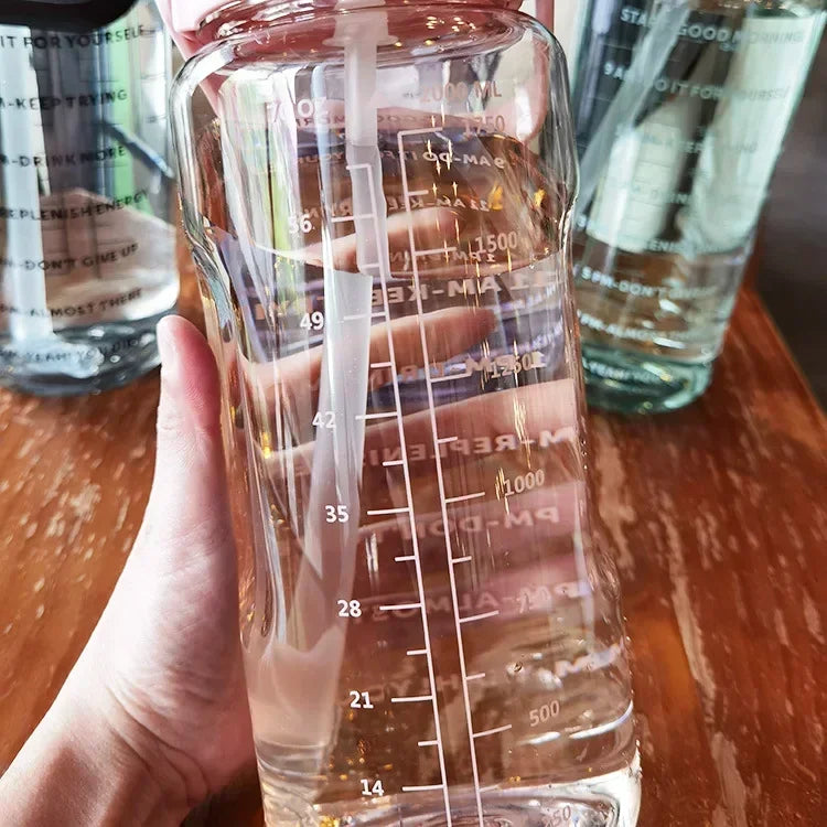 Sports Water Bottle Integrated Straw & Time Markings 2L