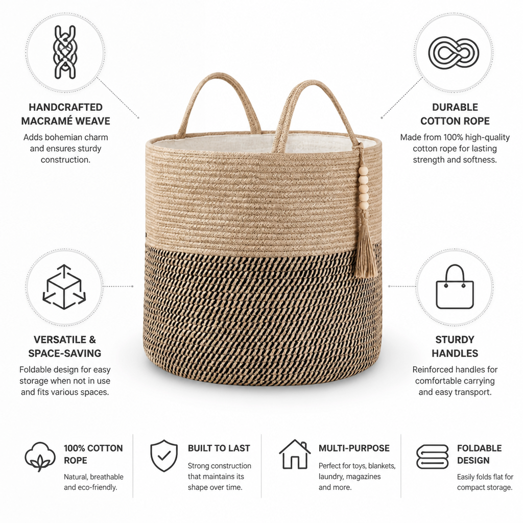 Storage Basket Handcrafted Macramé Foldable Cotton Rope Handles