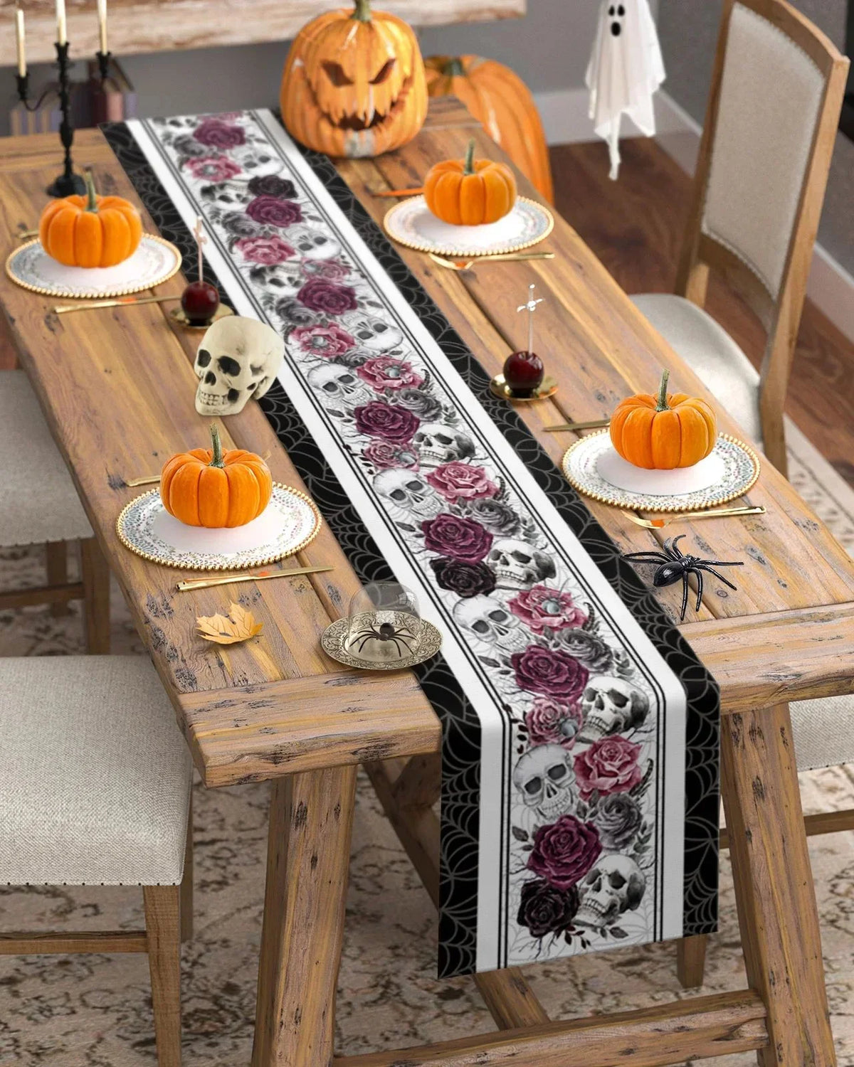 Table Runner Linen Blend Skull Rose & Crow Print
