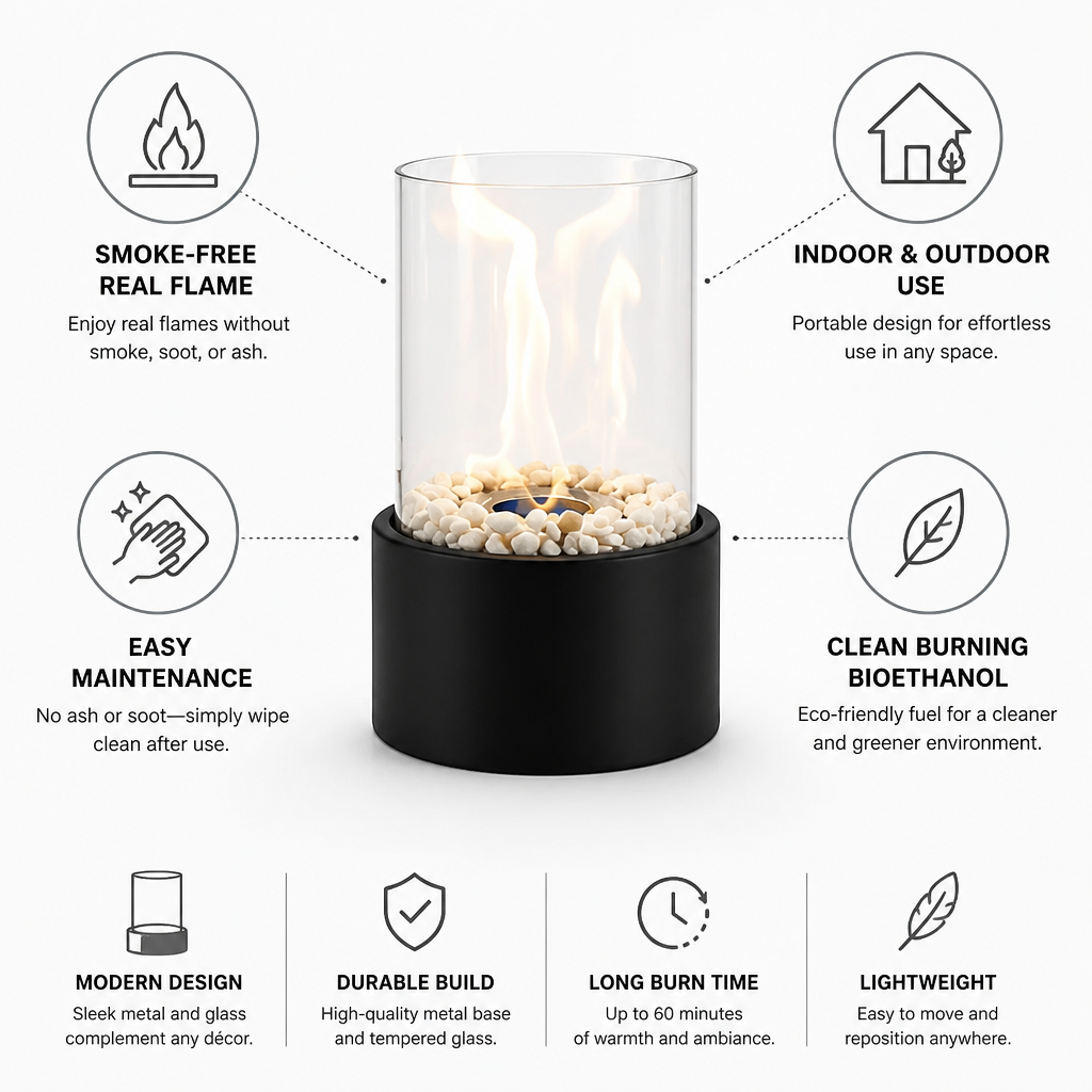 Tabletop Fireplace Smoke-Free Bioethanol Tempered Glass