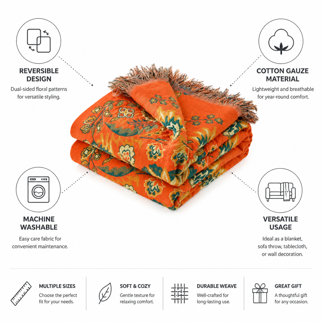 Throw Blanket Double-Sided Floral Cotton Gauze Machine Washable