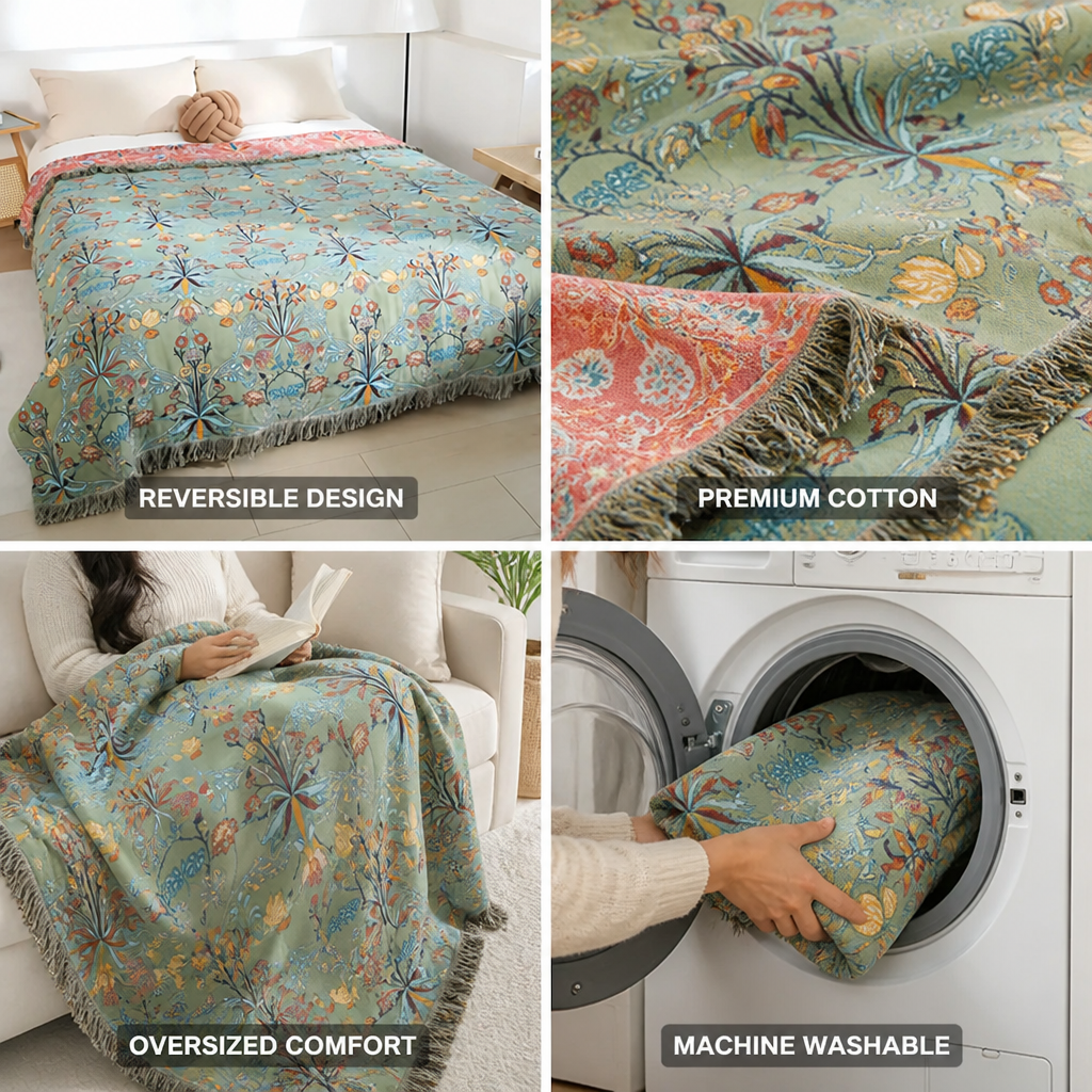 Throw Blanket Oversized Reversible Cotton Jacquard Tassels