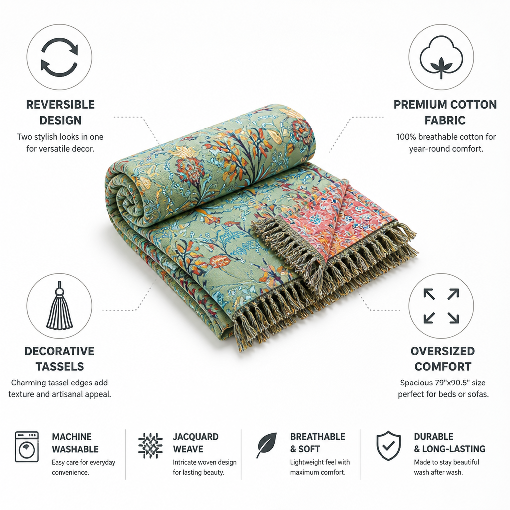Throw Blanket Oversized Reversible Cotton Jacquard Tassels