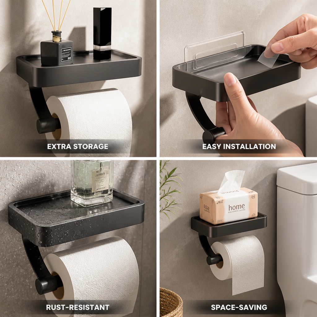 Toilet Paper Holder Wall-Mounted Brushed Stainless Shelf