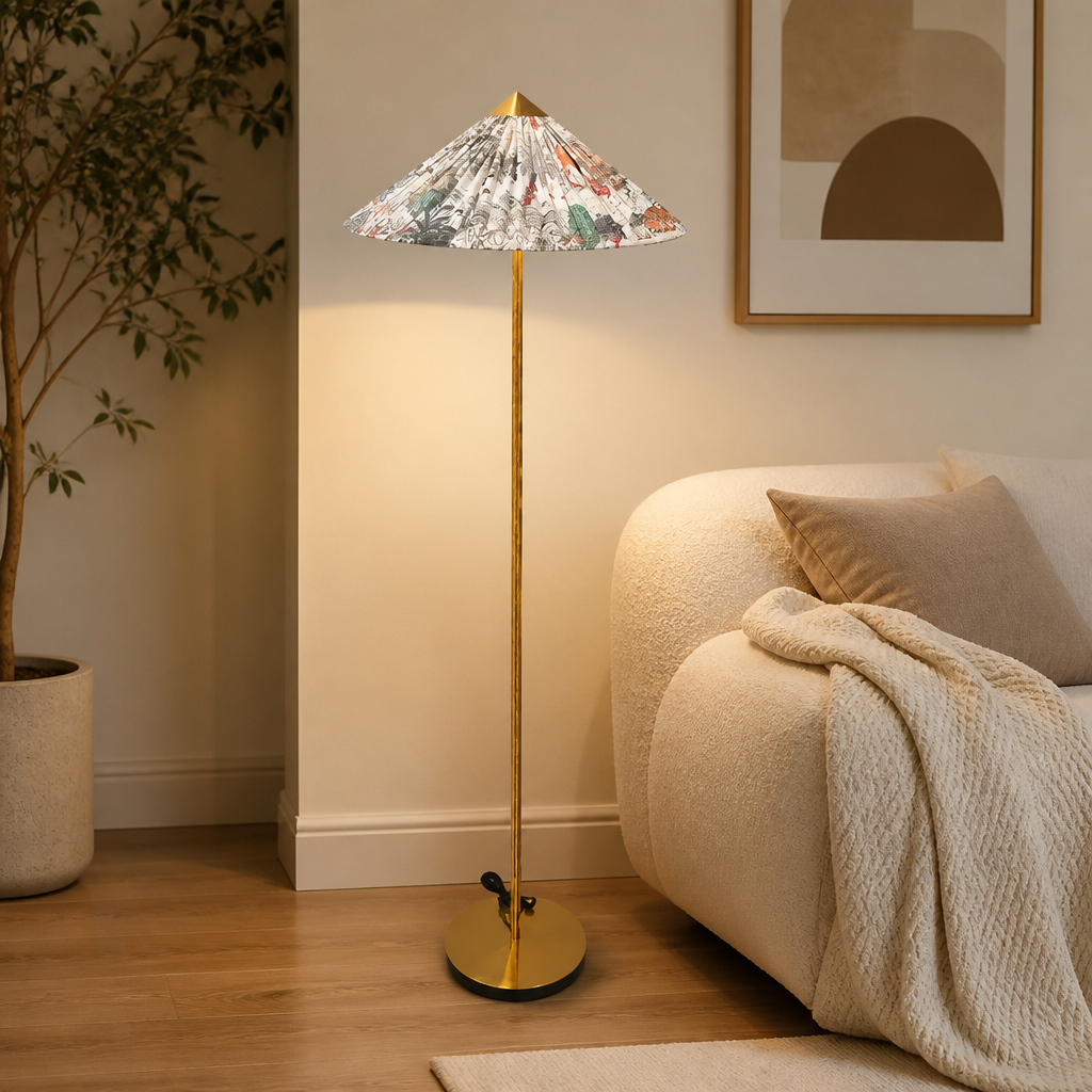 Vintage Bamboo LED Hat Shade Floor Lamp