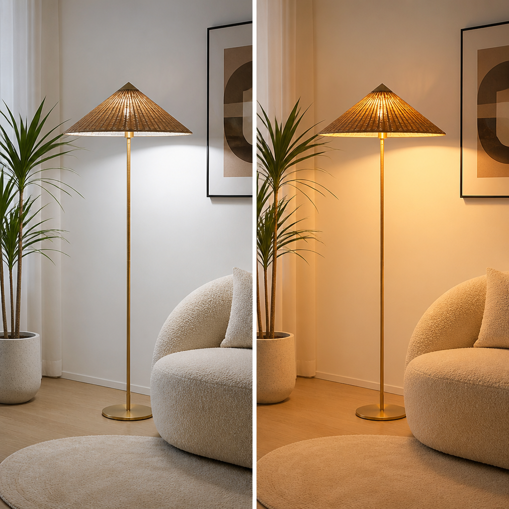 Vintage Bamboo LED Hat Shade Floor Lamp