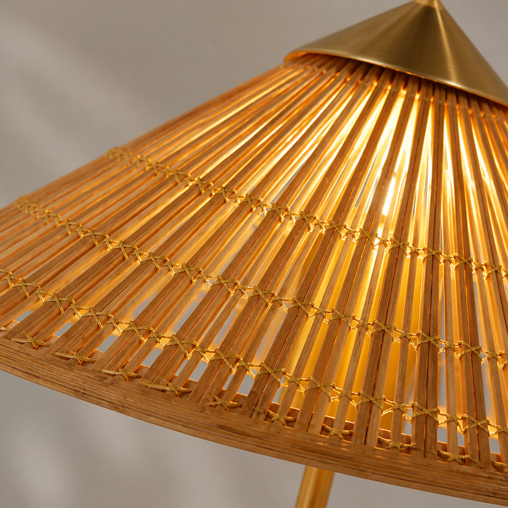 Vintage Bamboo LED Hat Shade Floor Lamp