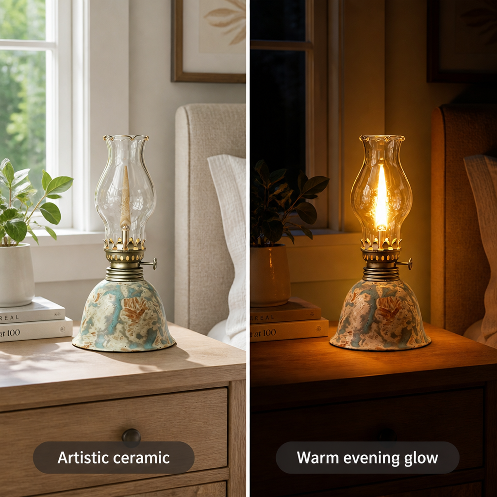 Vintage Ceramic & Glass Hurricane Table Lamp