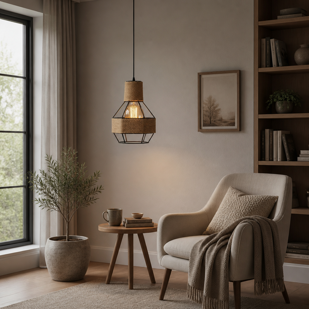 Vintage Jute & Metal Cone Pendant Light