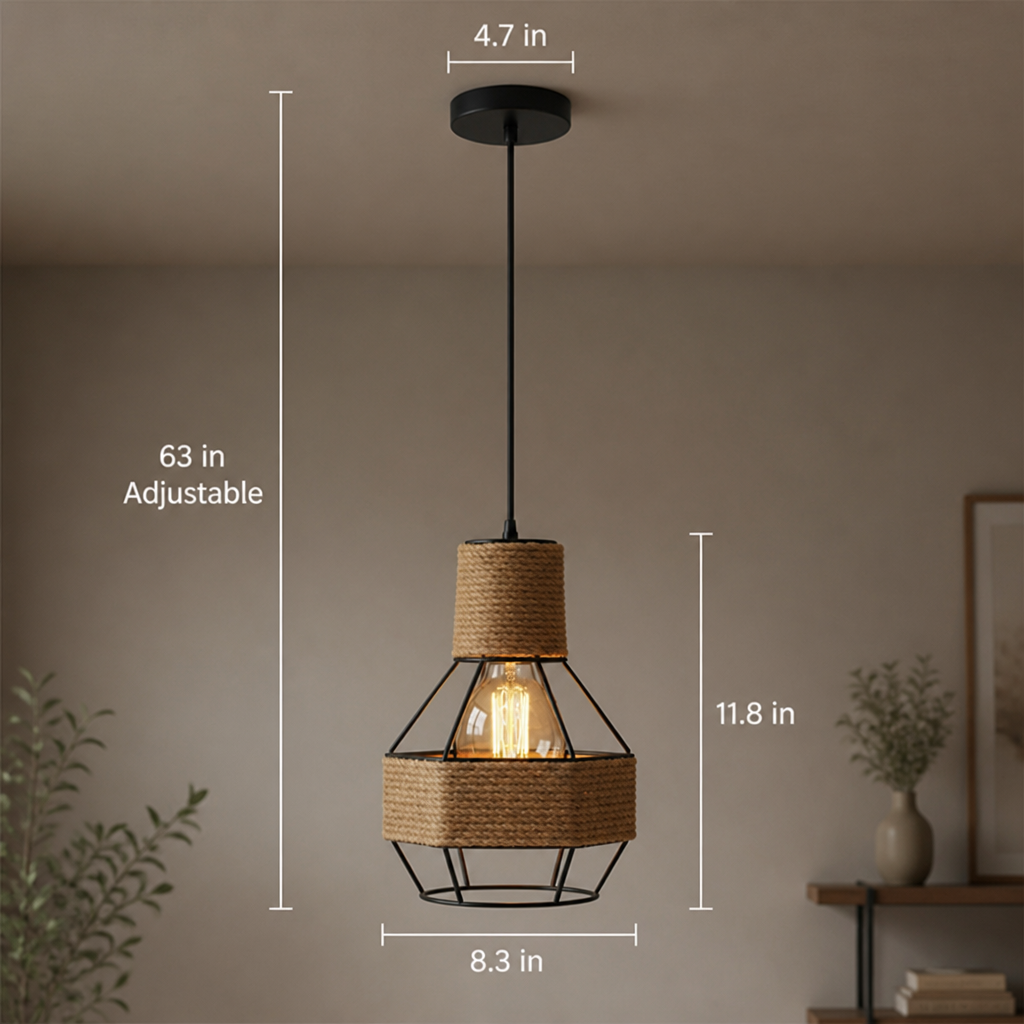 Vintage Jute & Metal Cone Pendant Light