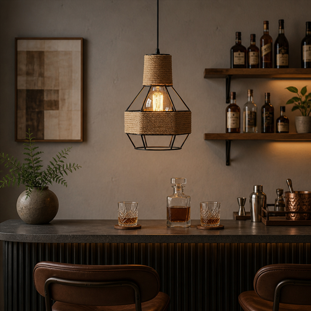 Vintage Jute & Metal Cone Pendant Light