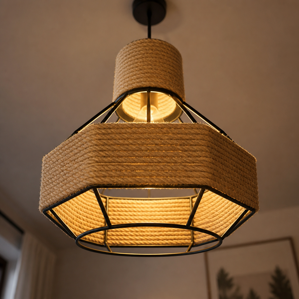Vintage Jute & Metal Cone Pendant Light