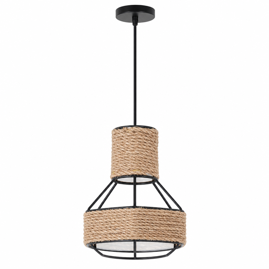 Vintage Jute & Metal Cone Pendant Light