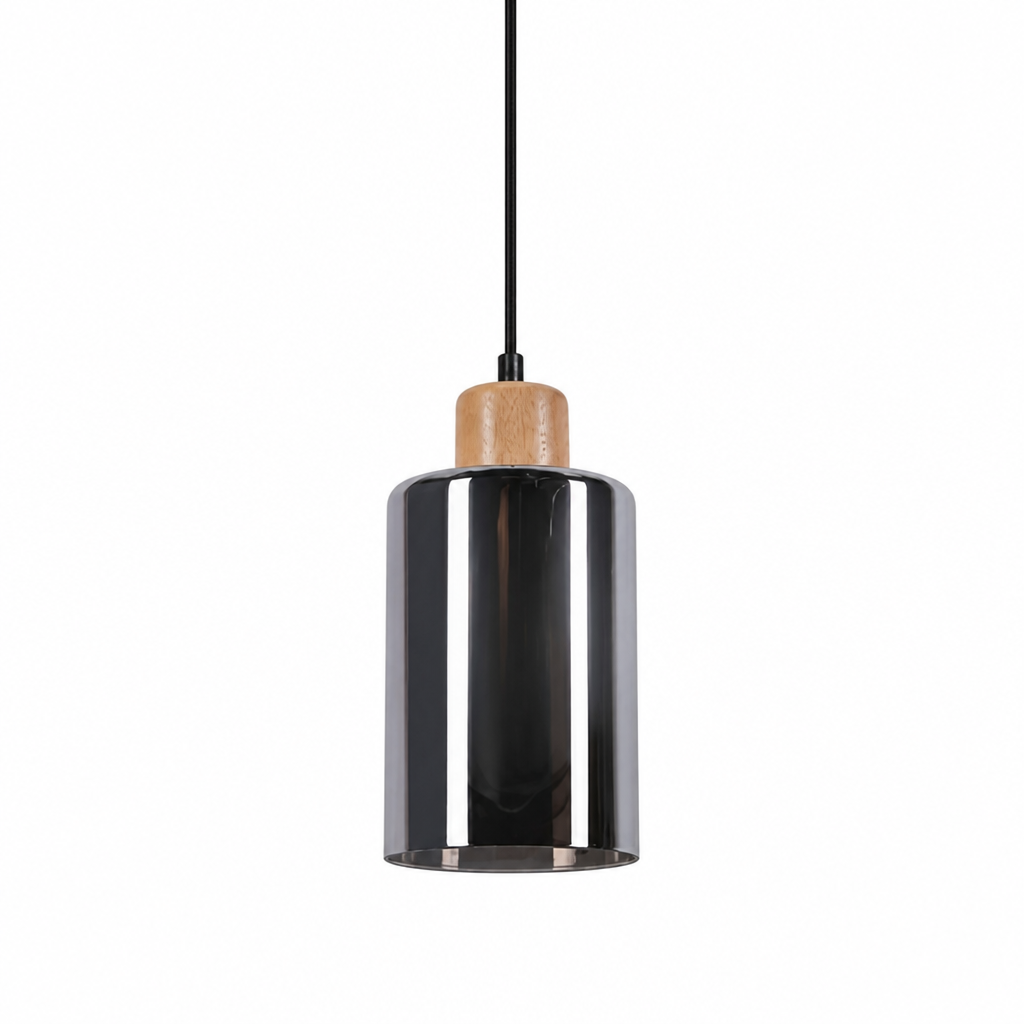 Vintage Wood & Smoked Glass Pendant Light