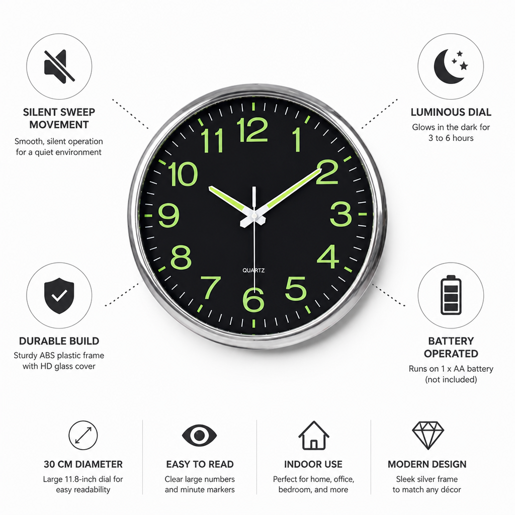 Wall Clock Silent Sweep & Luminous Dial 30 Cm