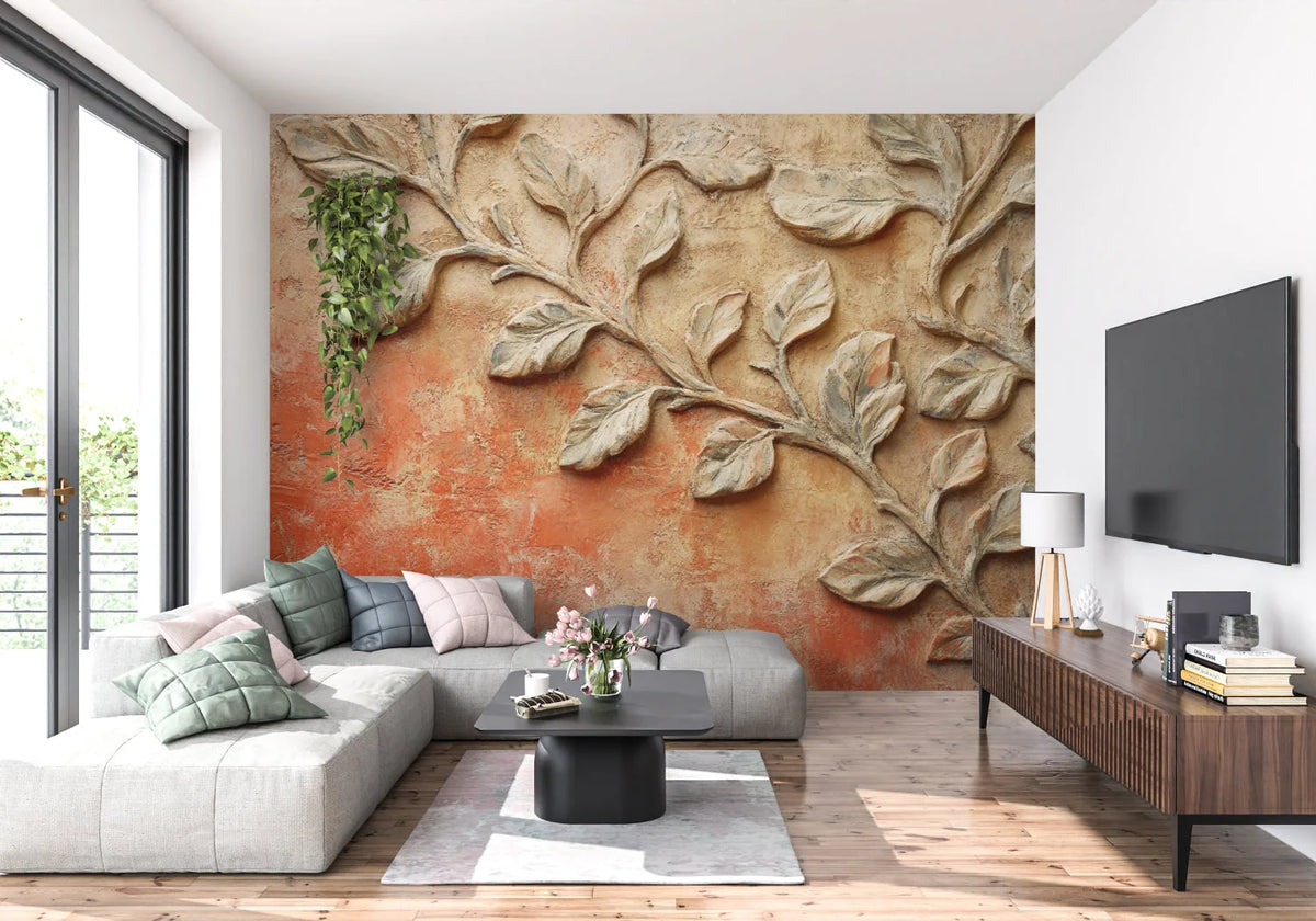 Wallpaper 3D Embossed Leaf Terracotta Self-Adhesive