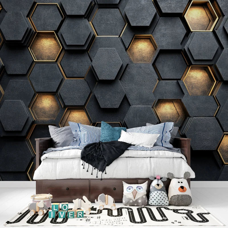 Wallpaper 3D Hexagon Embossed Black Gold Trim Self-Adhesive