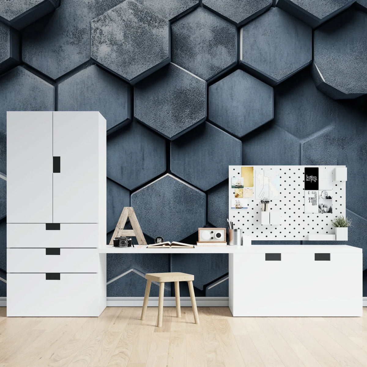 Wallpaper Non-Woven 3D Honeycomb Metallic Gray Peel & Stick