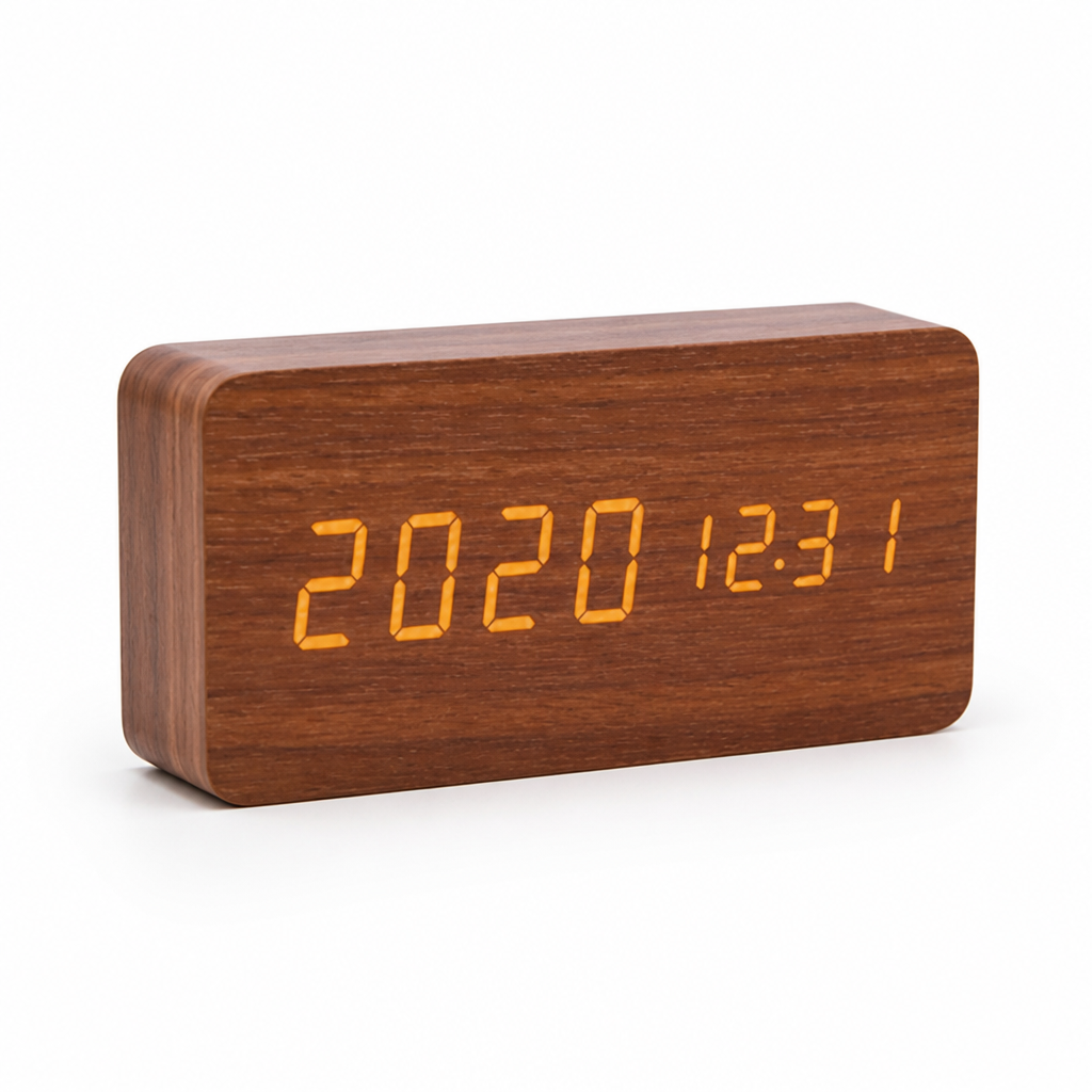 Wooden LED Clock Voice-Activated Adjustable Brightness