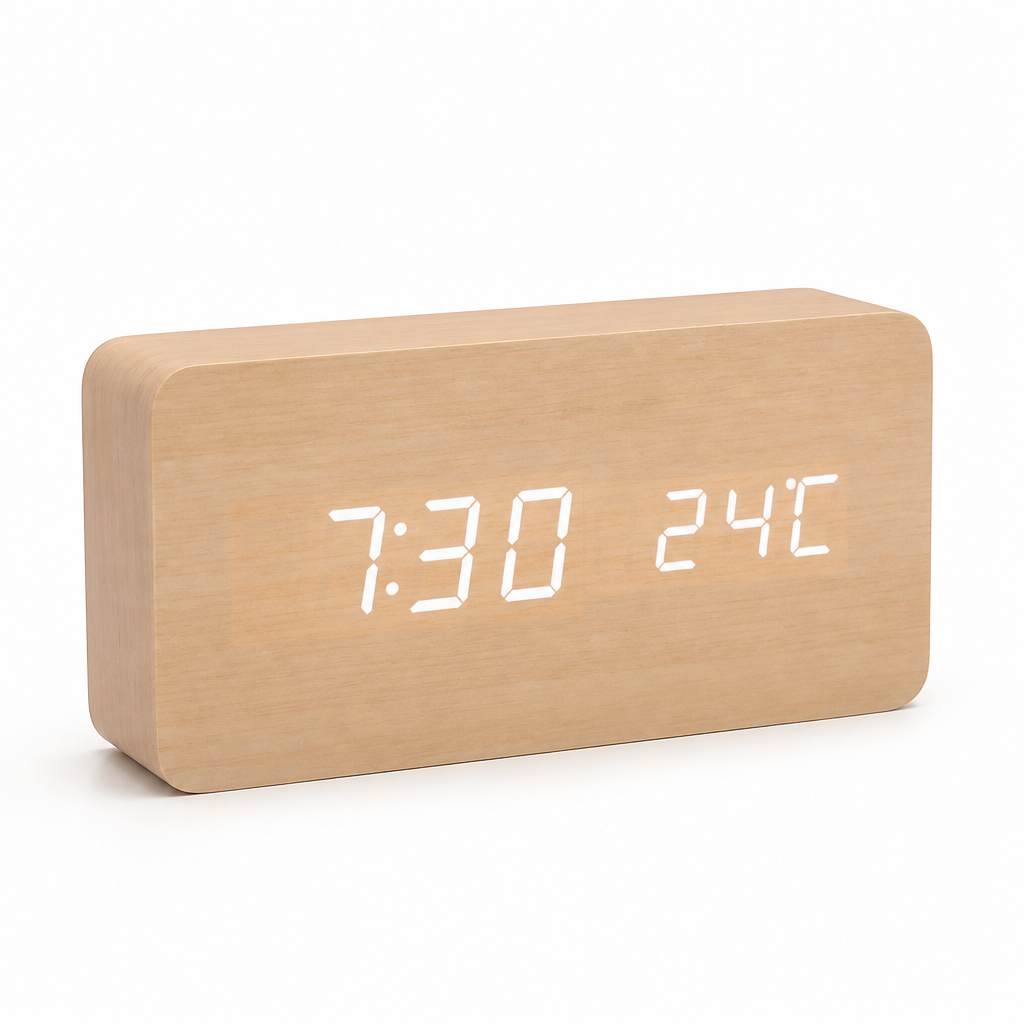 Wooden LED Clock Voice-Activated Adjustable Brightness