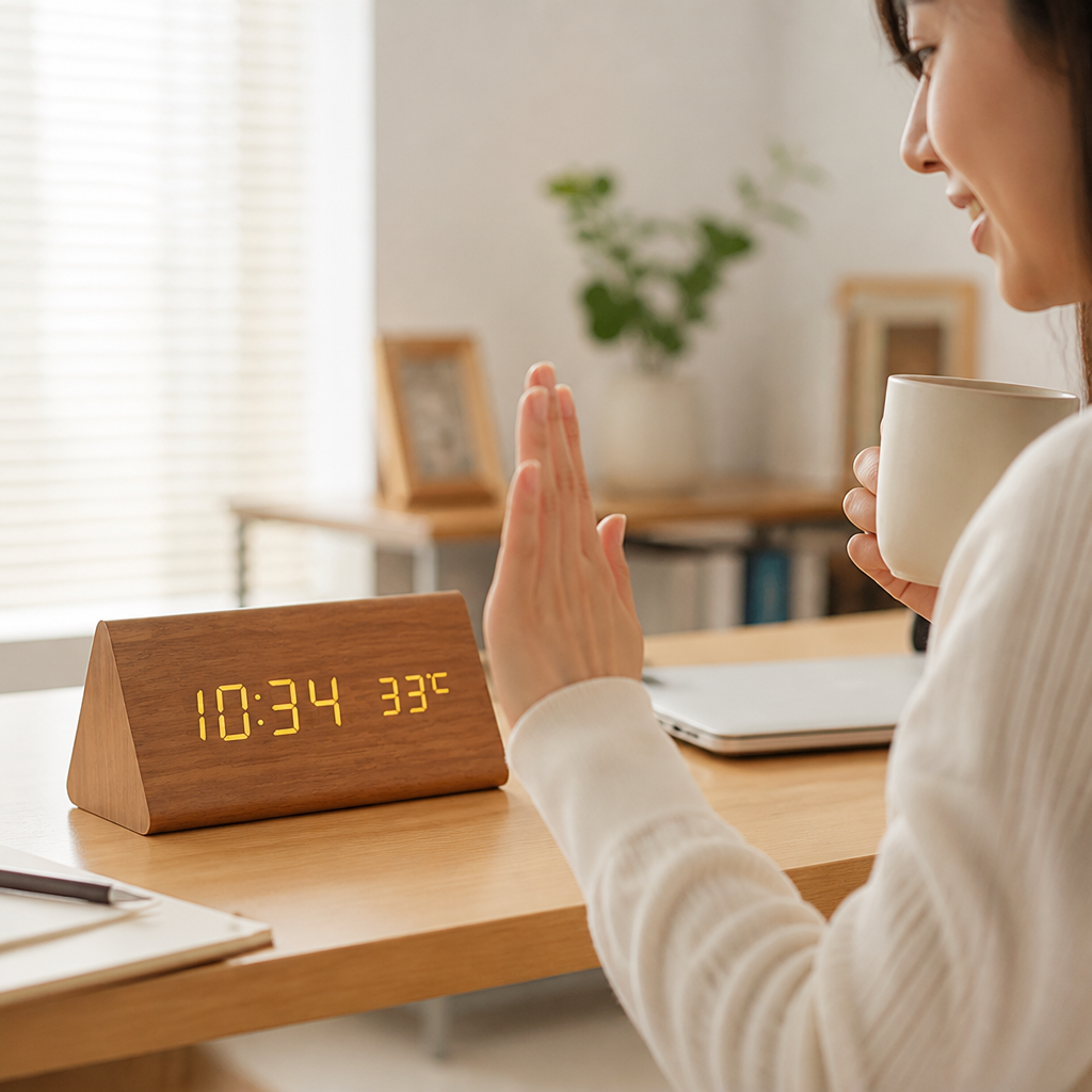 Wooden LED Clock Voice-Activated Adjustable Brightness