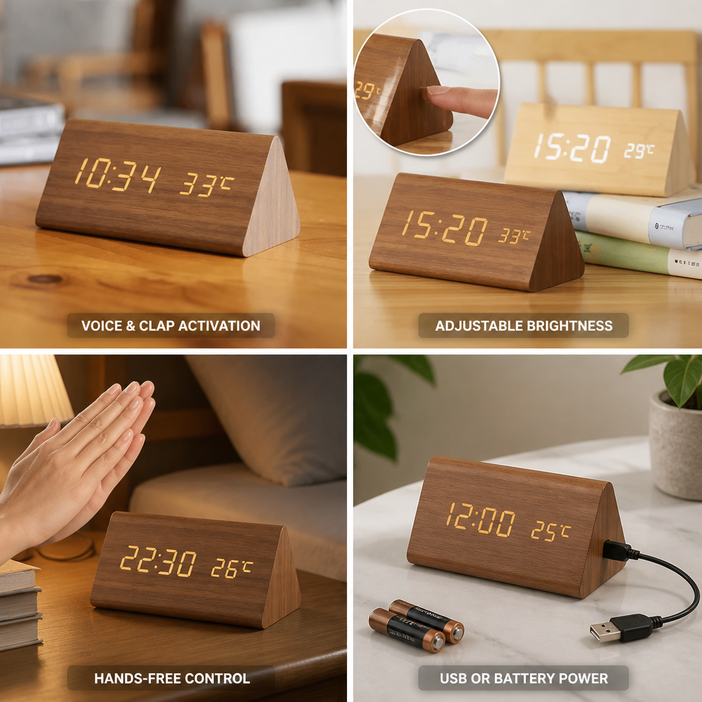 Wooden LED Clock Voice-Activated Adjustable Brightness
