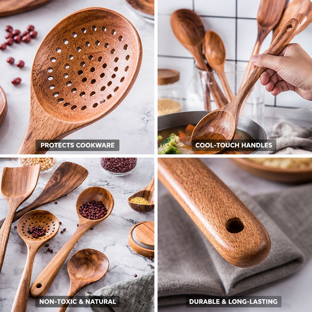 Wooden Utensil Set Teak 8-Piece Non-Toxic & Non-Scratch