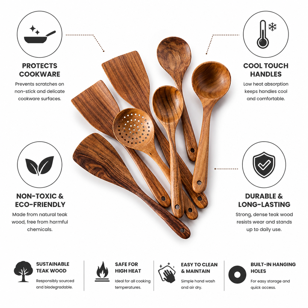 Wooden Utensil Set Teak 8-Piece Non-Toxic & Non-Scratch