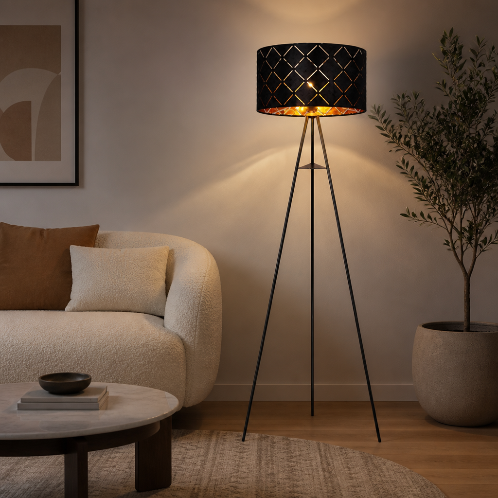 Scandinavian Black & Gold Fabric Floor Lamp