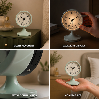 Alarm Clock Silent Quartz Metal Body & Backlight