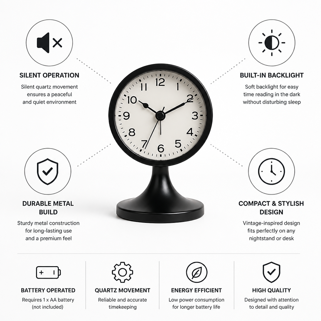 Alarm Clock Silent Quartz Metal Body & Backlight