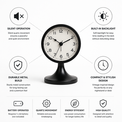 Alarm Clock Silent Quartz Metal Body & Backlight