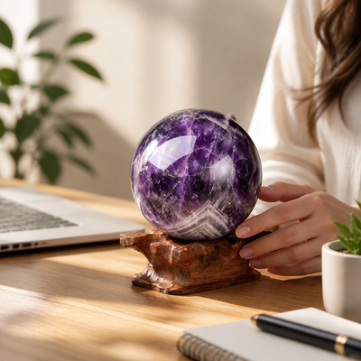 Amethyst Sphere Genuine Hand-Polished Wooden Stand Included