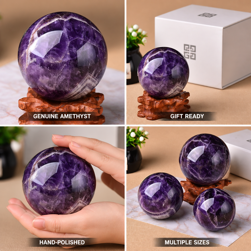 Amethyst Sphere Genuine Hand-Polished Wooden Stand Included