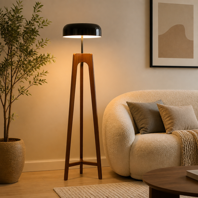 Art-Deco Wood LED Tripod Floor Lamp