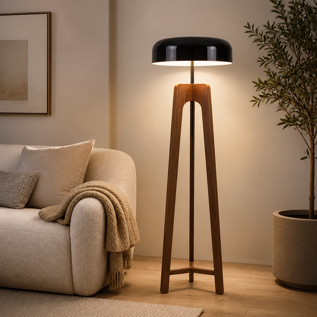 Art-Deco Wood LED Tripod Floor Lamp