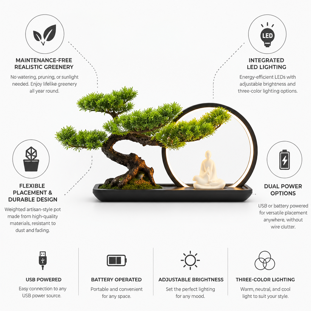 Artificial Bonsai Tree Maintenance-Free LED Lighting USB & Battery