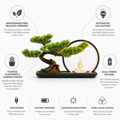 Artificial Bonsai Tree Maintenance-Free LED Lighting USB & Battery