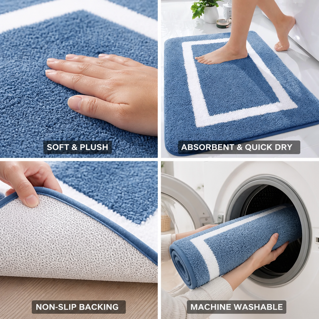 Bath Mat Microfiber Plush Anti-Slip Backing Machine Washable