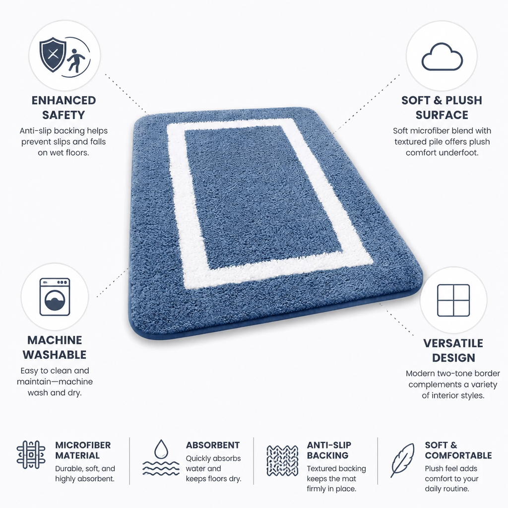 Bath Mat Microfiber Plush Anti-Slip Backing Machine Washable