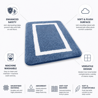 Bath Mat Microfiber Plush Anti-Slip Backing Machine Washable