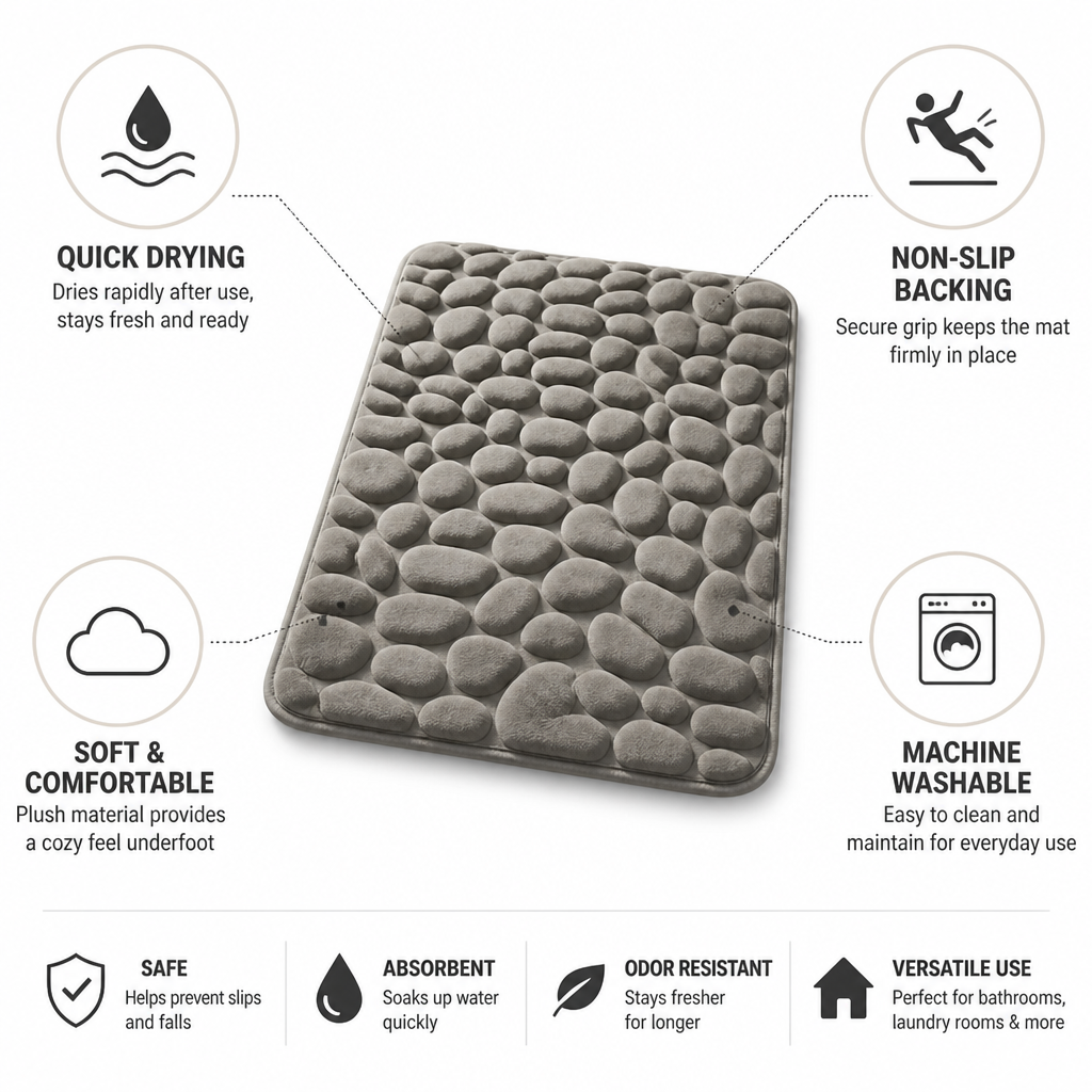 Bath Mat Quick-Drying Non-Slip Backing & Soft Comfort
