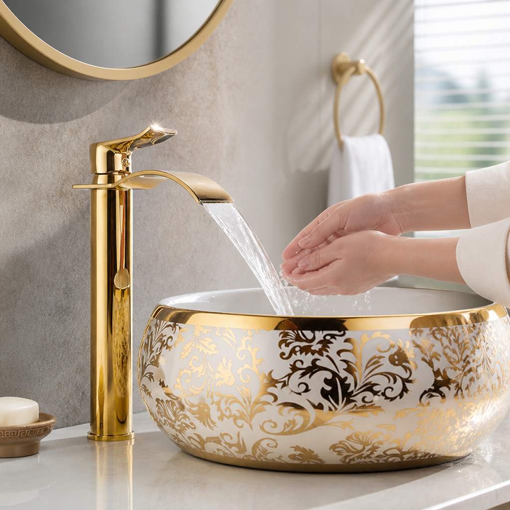 Bathroom Faucet Waterfall Spout Brass Gold-Plated Single-Handle